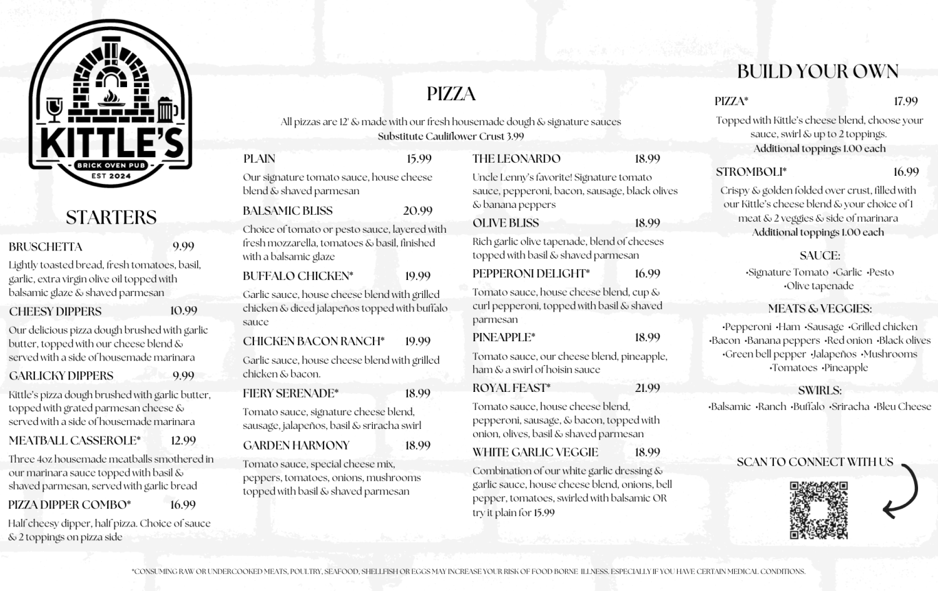 Kittle's Brick Oven Pub Menu